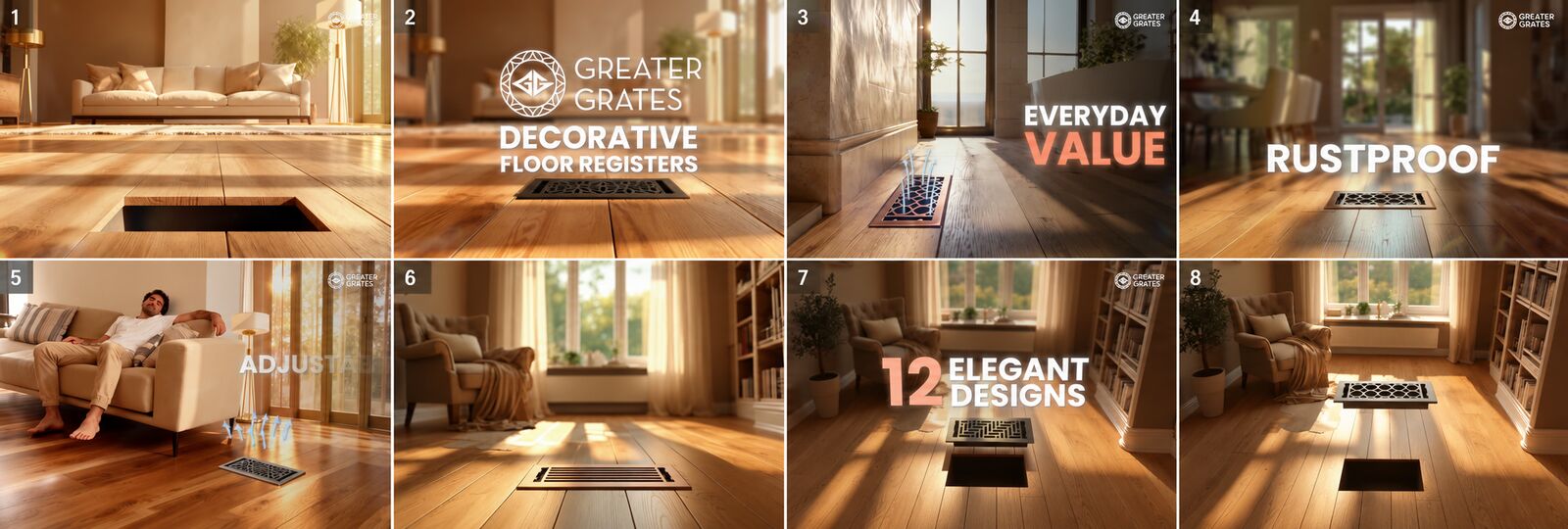 Eight-frame Greater Grates visual direction moodboard